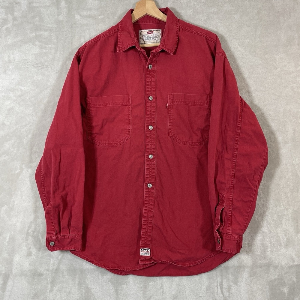 Vtg 90s Levis Red Denim Shirt Mens Medium Metal Buttons *missing top button*